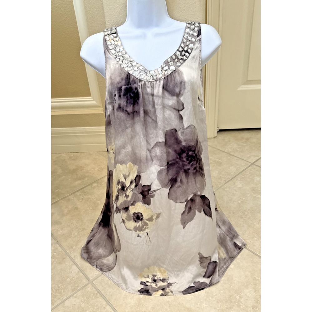 VTG Spiegel Grey Floral Sz 10 Silk Sleeveless Blouse Crystal Neck Fairy babydoll